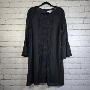 WOMENS MADISON LEIGH BLACK DRESS BELL SLEEVES EYELET LACE FRONT SIZE 10